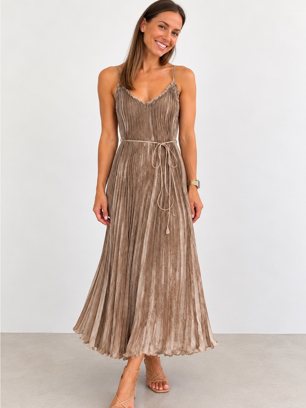 Banana Republic Satin Pleated Midi Dress – Size Medium — Sonoran Beige